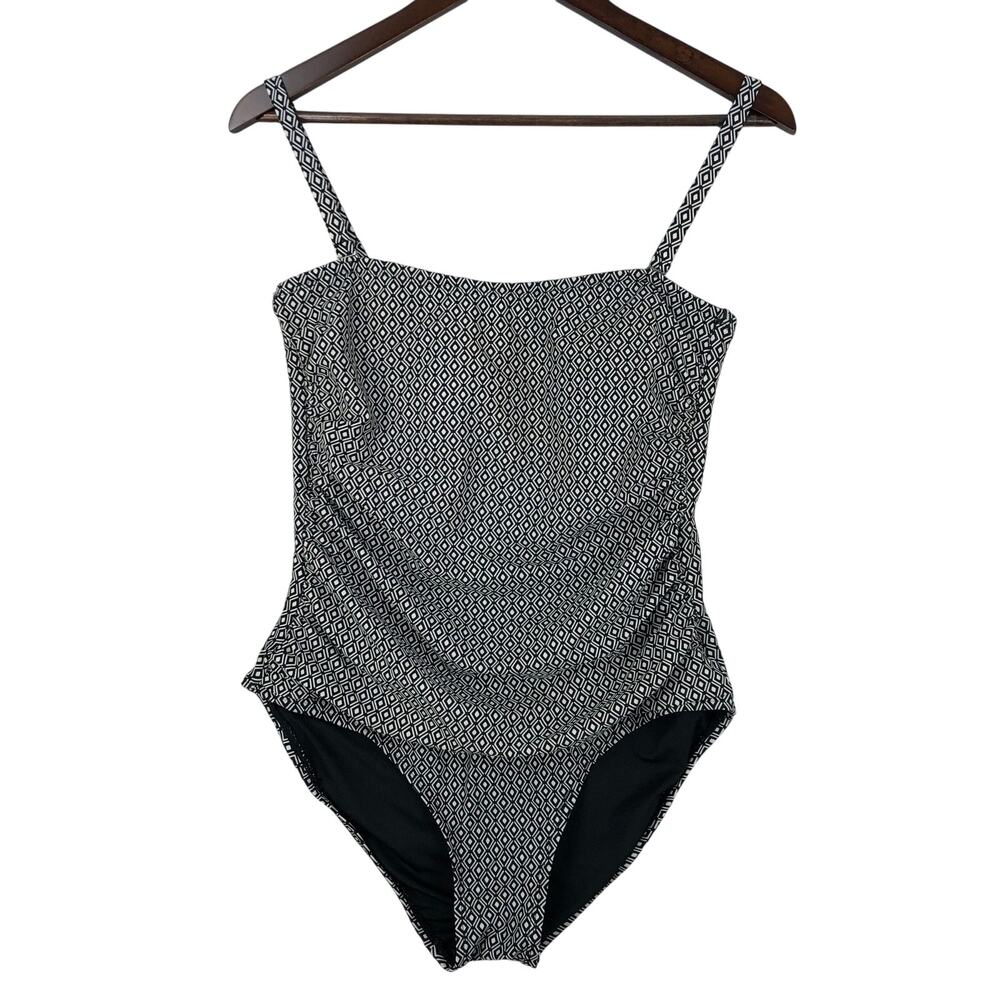 DKNY Womens Bandeau Maillot One Piece Swimsuit L Black White Geometric Print